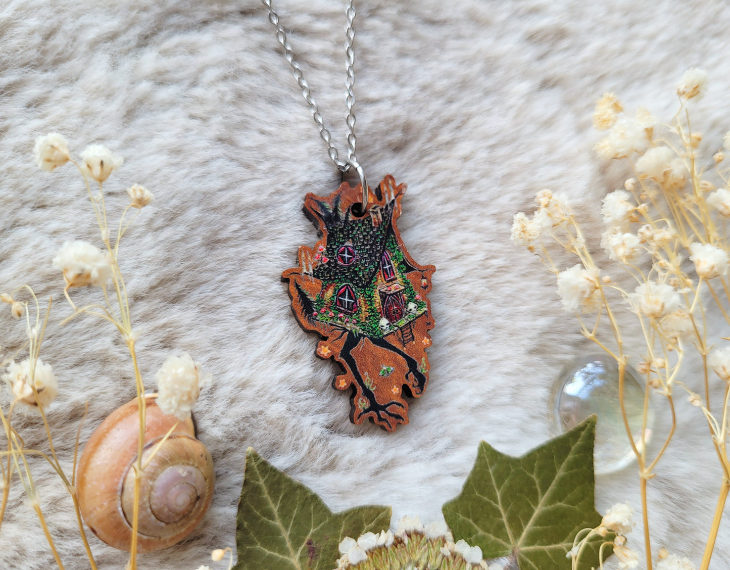 Baba Yaga witches hut Illustrated necklace, responsibly sourced cherry wood, chain options available, by Grace Moth
