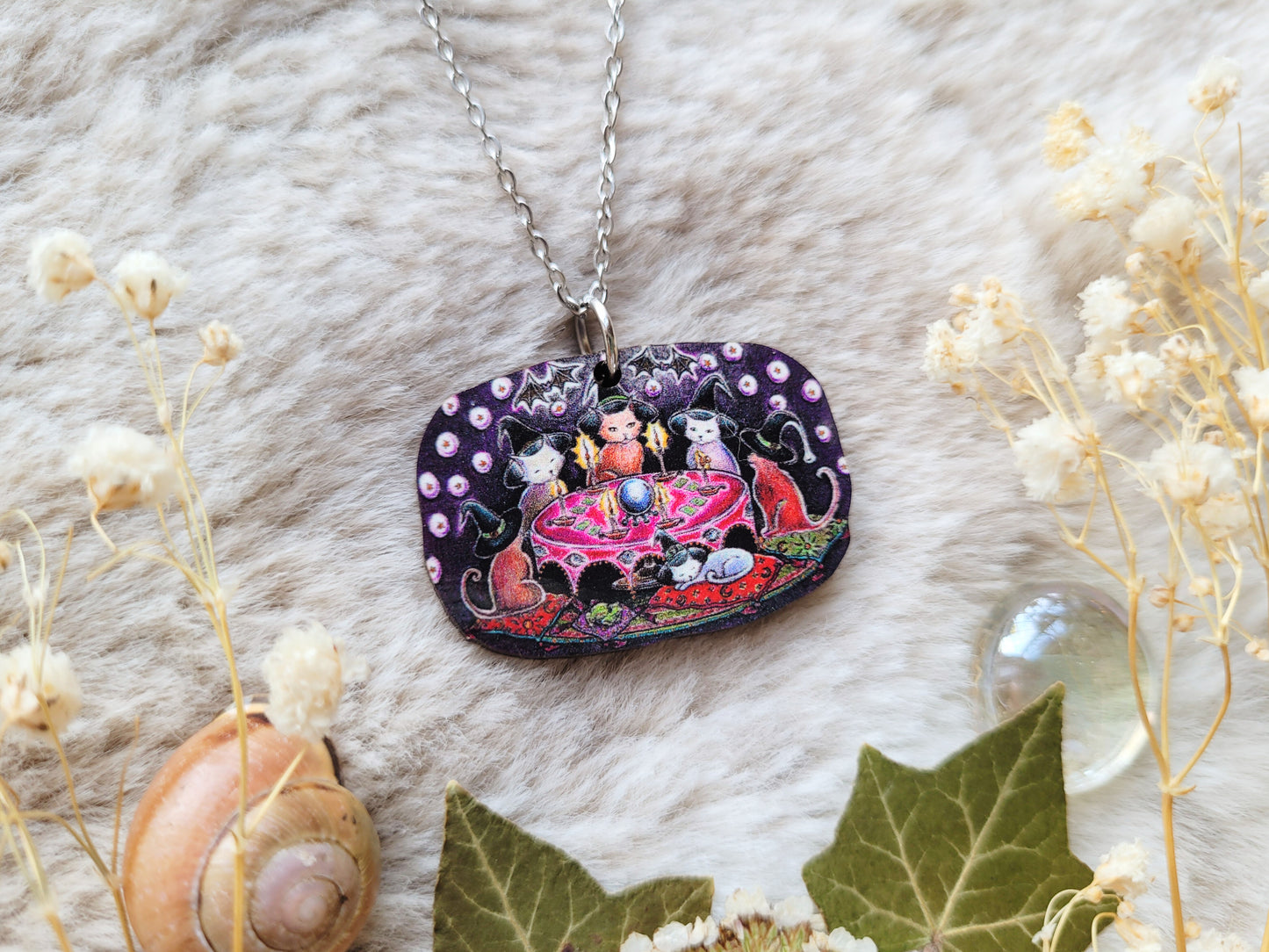 Cat Coven illustrated necklace, responsibly sourced cherry wood, chain options available, by Grace Moth