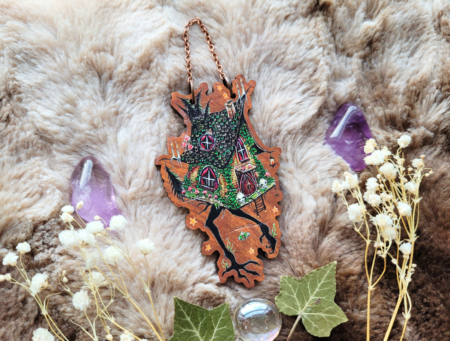 Baba Yaga witches hut illustrated ornament, wall hanging, responsibly sourced cherry wood, by Grace Moth