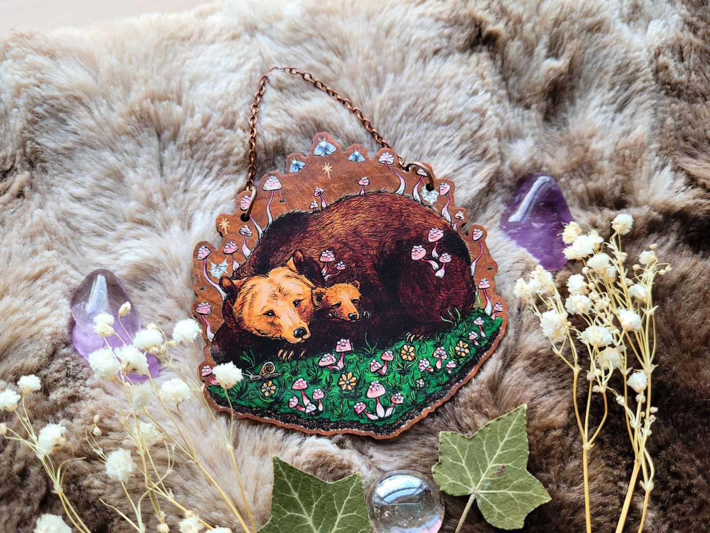 Mama or Papa bear illustrated ornament, wall hanging, responsibly sourced cherry wood, by Grace Moth