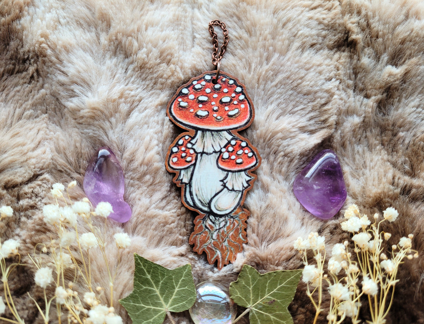Rust Mushroom illustrated ornament, toadstool, wall hanging, responsibly sourced cherry wood, by Grace Moth