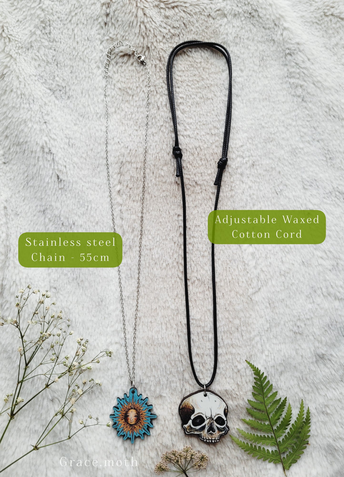 Red Mushroom illustrated necklace, responsibly sourced cherry wood, chain options available, by Grace Moth