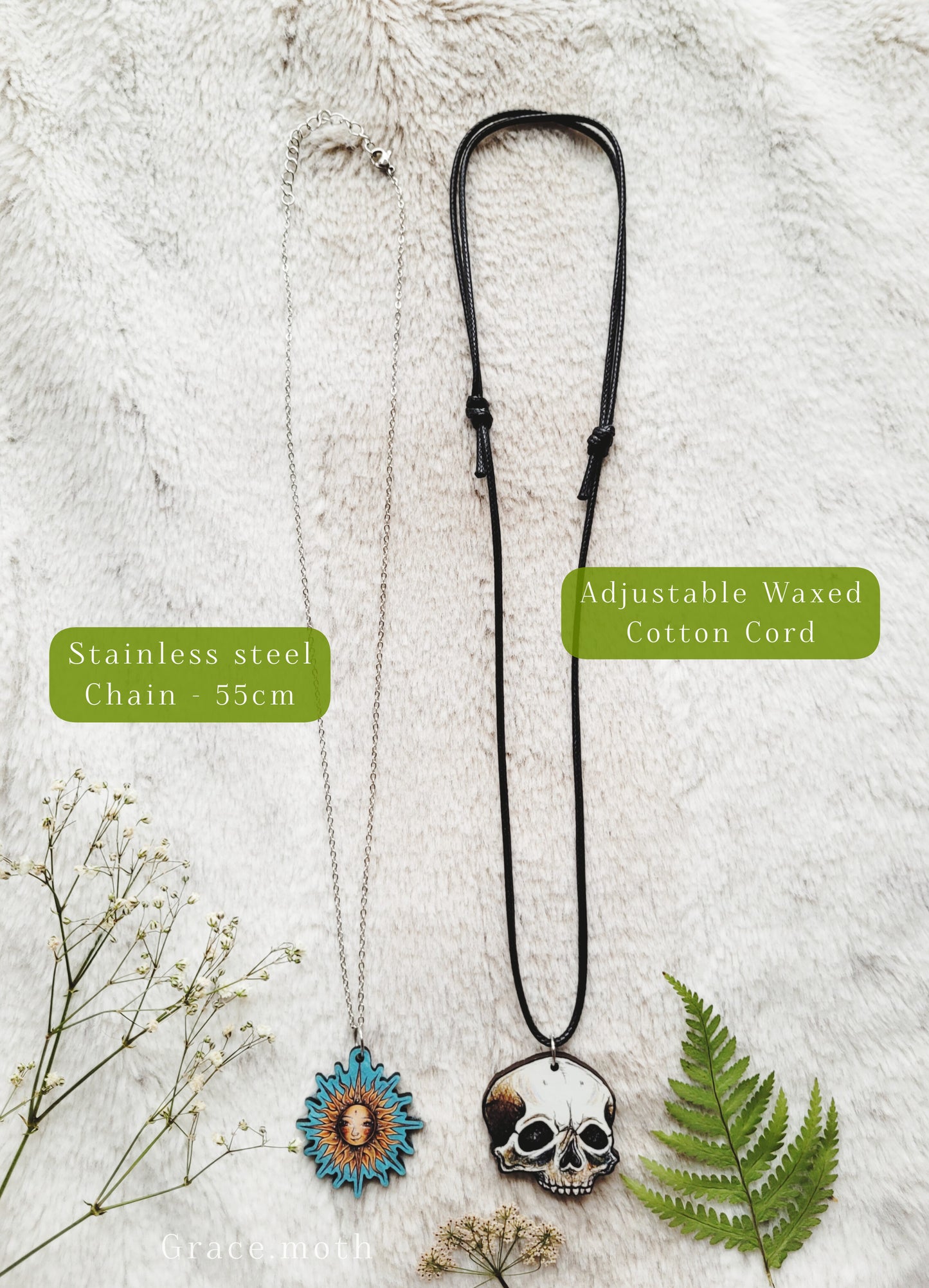 Wolf illustrated necklace, responsibly sourced cherry wood, chain options available, by Grace Moth