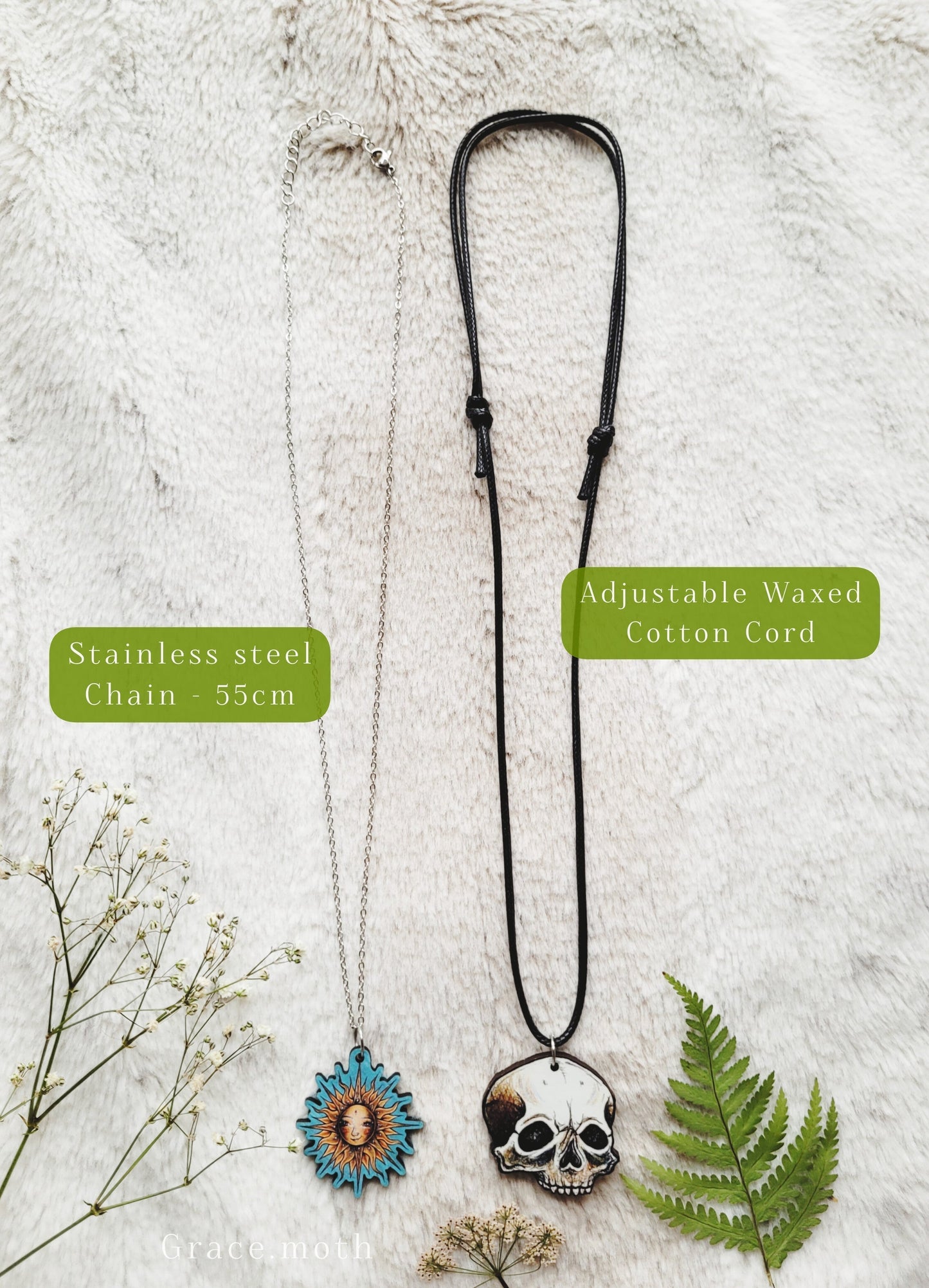 Fire demon Illustrated necklace, anime inspired, responsibly sourced cherry wood, chain options available, by Grace Moth