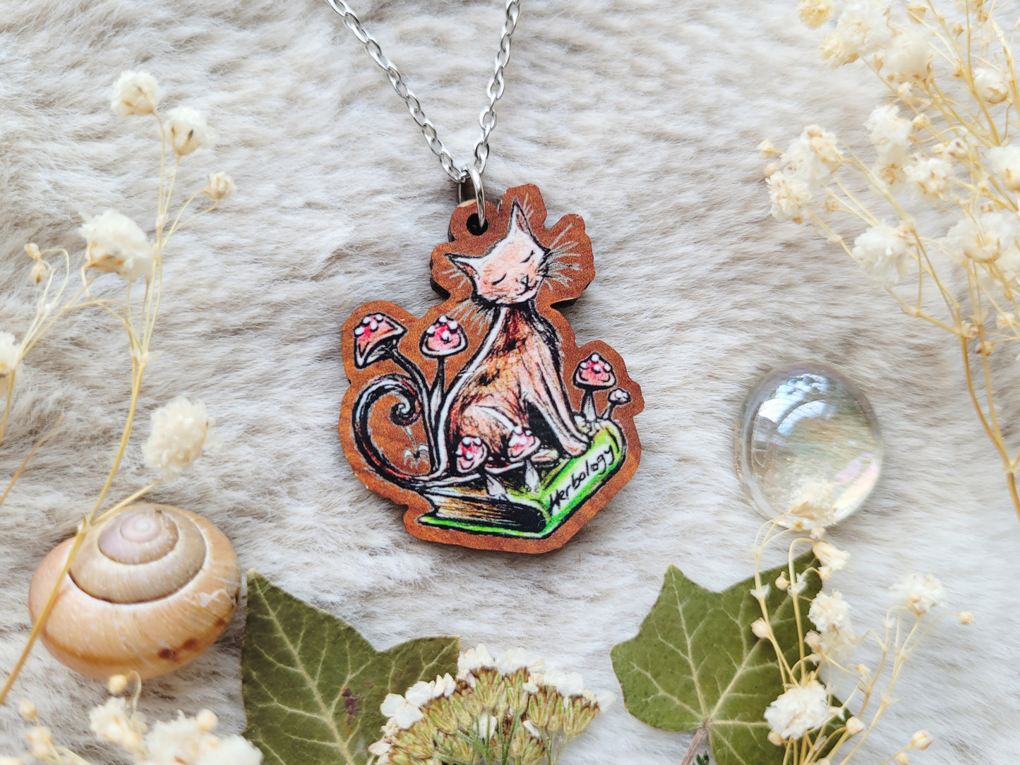 Bookworm Cat illustrated necklace, responsibly sourced cherry wood, chain options available, by Grace Moth