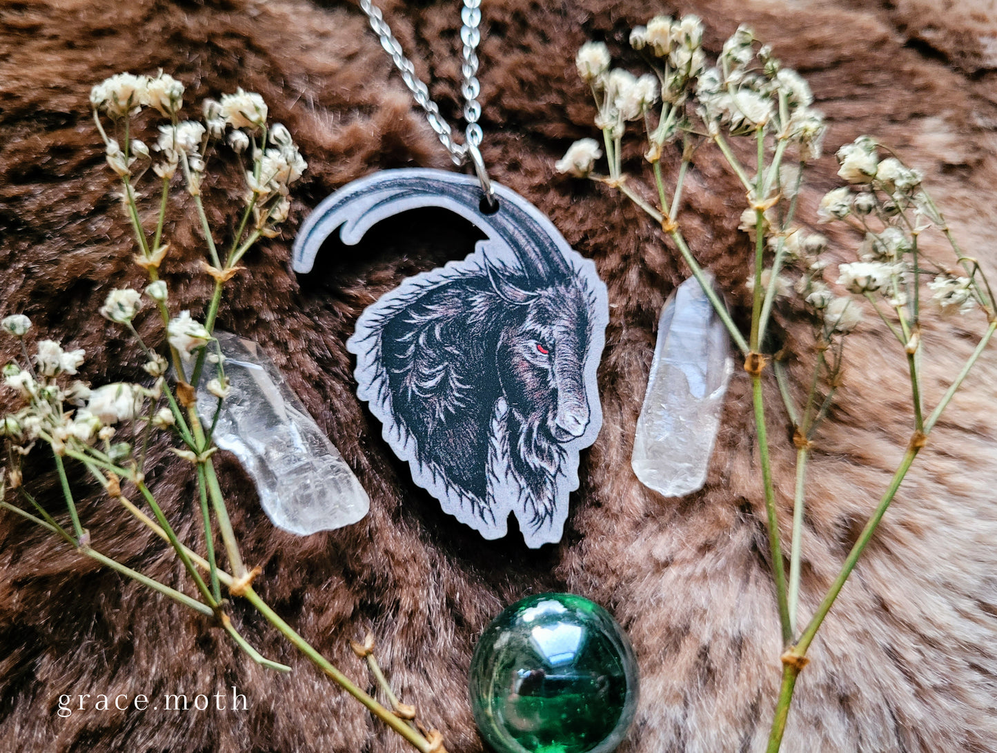 Black Phillip Goat illustrated necklace, responsibly sourced cherry wood, chain options available, by Grace Moth
