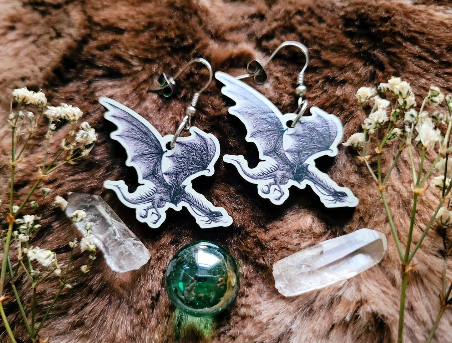 Fellbeast Dragon illustrated earrings, responsibly sourced cherry wood, LOTR Nazgul inspired, 304 Stainless Steel hooks, by Grace Moth