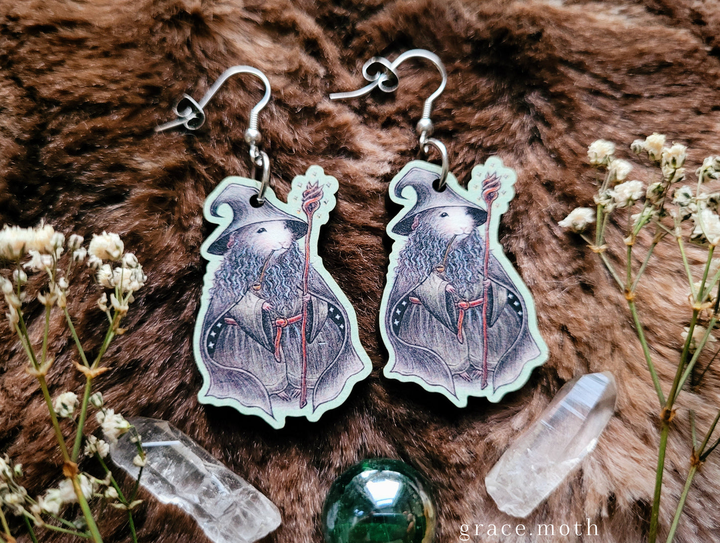 Gandalf Guinea Pig illustrated earrings, responsibly sourced cherry wood, lotr wizard inspired, 304 Stainless Steel hooks, by Grace Moth