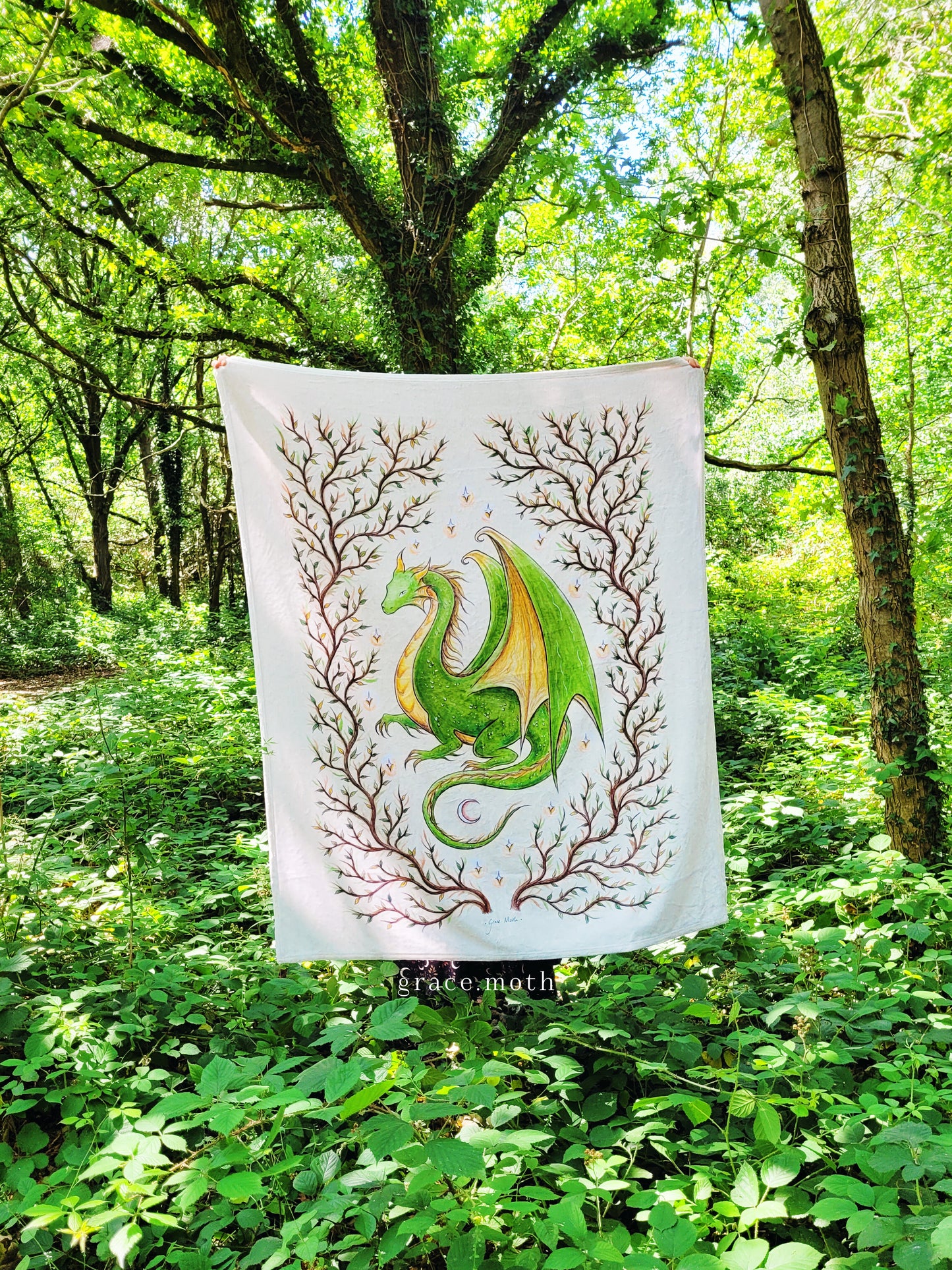 Pre-Order - Nature Dragon throw blanket - witchy gothic original design by Grace Moth - 50" by 60"