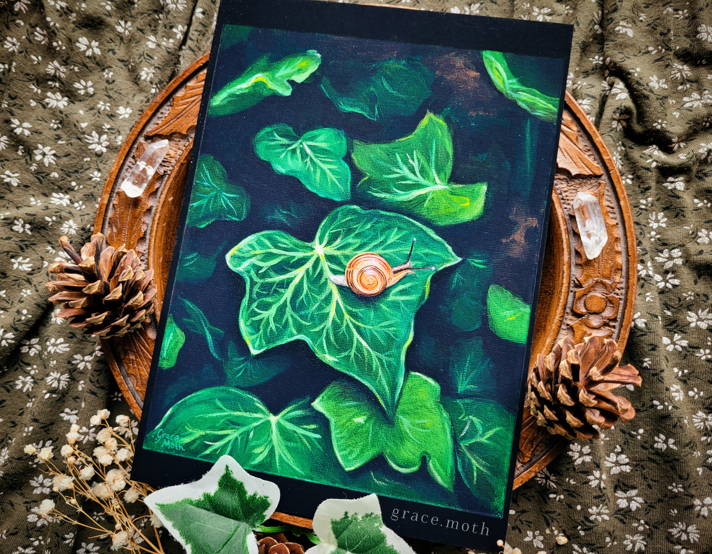 Snail on Ivy Leaf - A5, A4 or A3 Art print, originally oil painted by Grace Moth