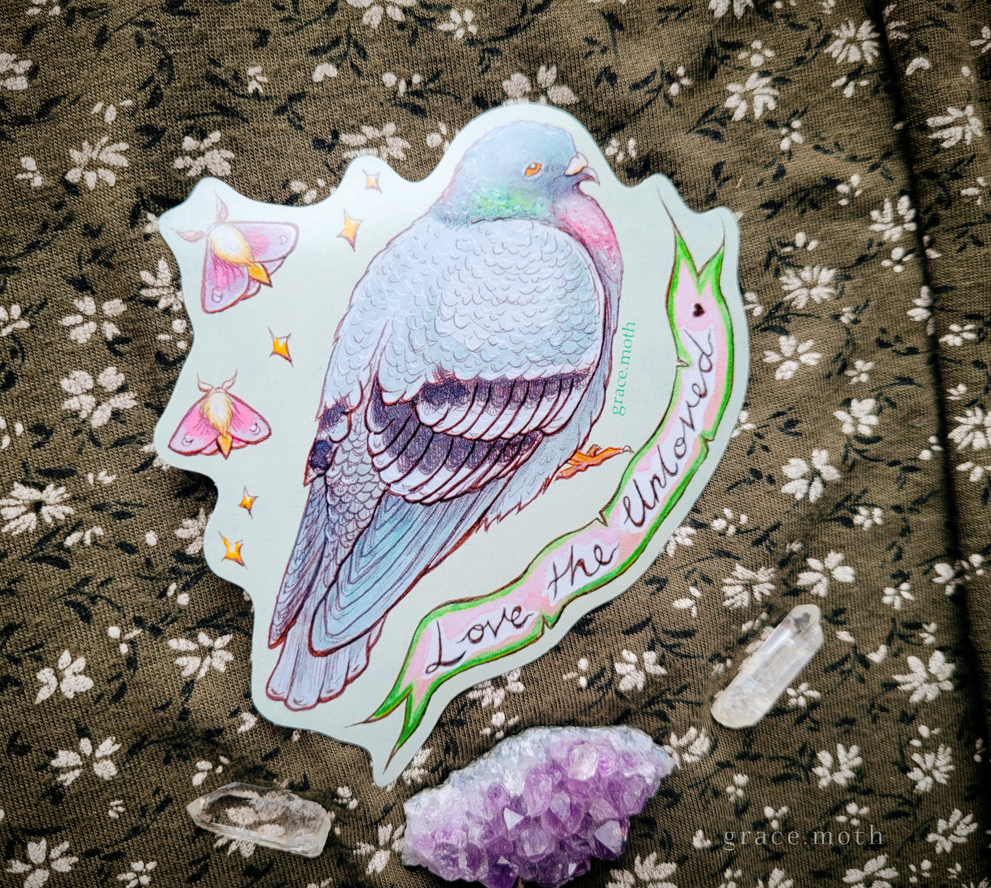Pigeon Love Sticker - Vinyl Sticker - 10cm illustrated by Grace Moth - love the Unloved - kindness - bird