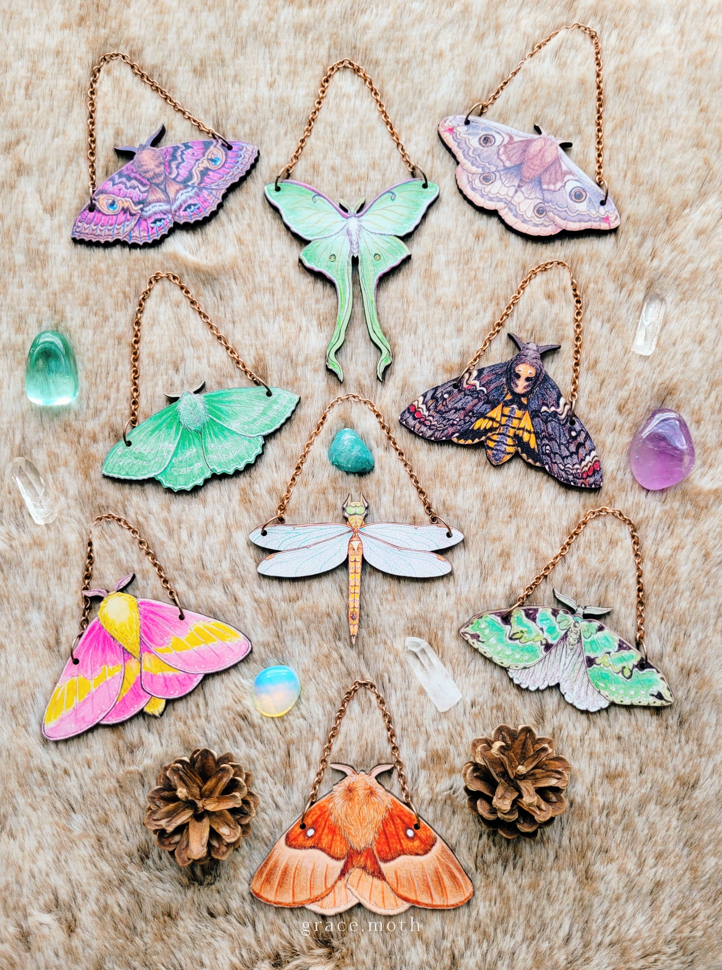 Emerald Moth ornament, wall hanging, 7.5cm, responsibly sourced cherry wood, illustrated by Grace Moth, Entomology