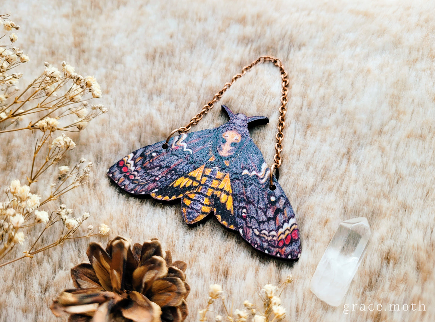 Deaths-Head Hawkmoth ornament, wall hanging, 7.5cm, responsibly sourced cherry wood, illustrated by Grace Moth, Entomology, female