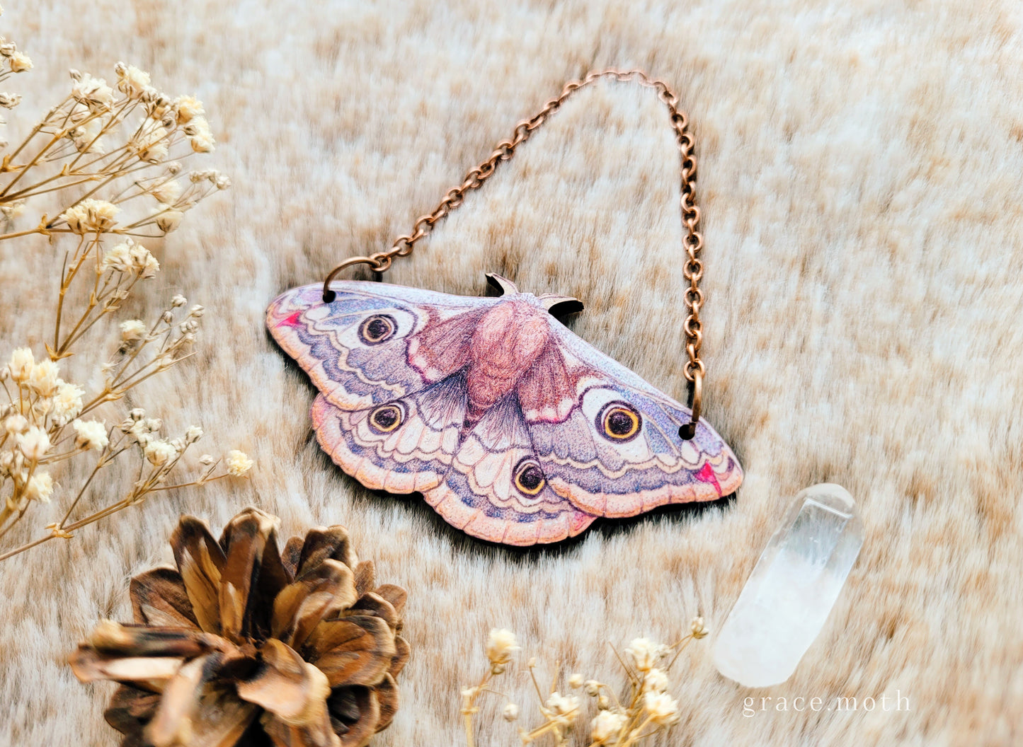 Emperor Moth ornament, wall hanging, 7.5cm, responsibly sourced cherry wood, illustrated by Grace Moth, Entomology, female
