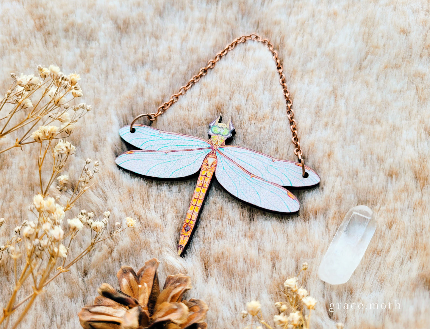 Dragonfly ornament, wall hanging, 7.5cm, responsibly sourced cherry wood, illustrated by Grace Moth, Entomology, Bugs, Norfolk Hawker