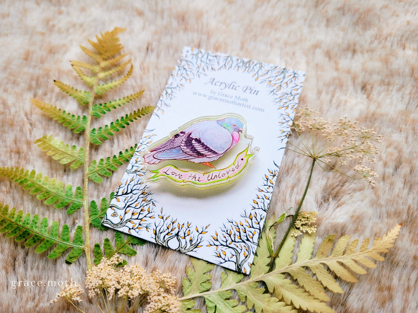 Pigeon Love illustrated pin, recycled clear acrylic, by Grace Moth - Kindness, Love the Unloved Creatures