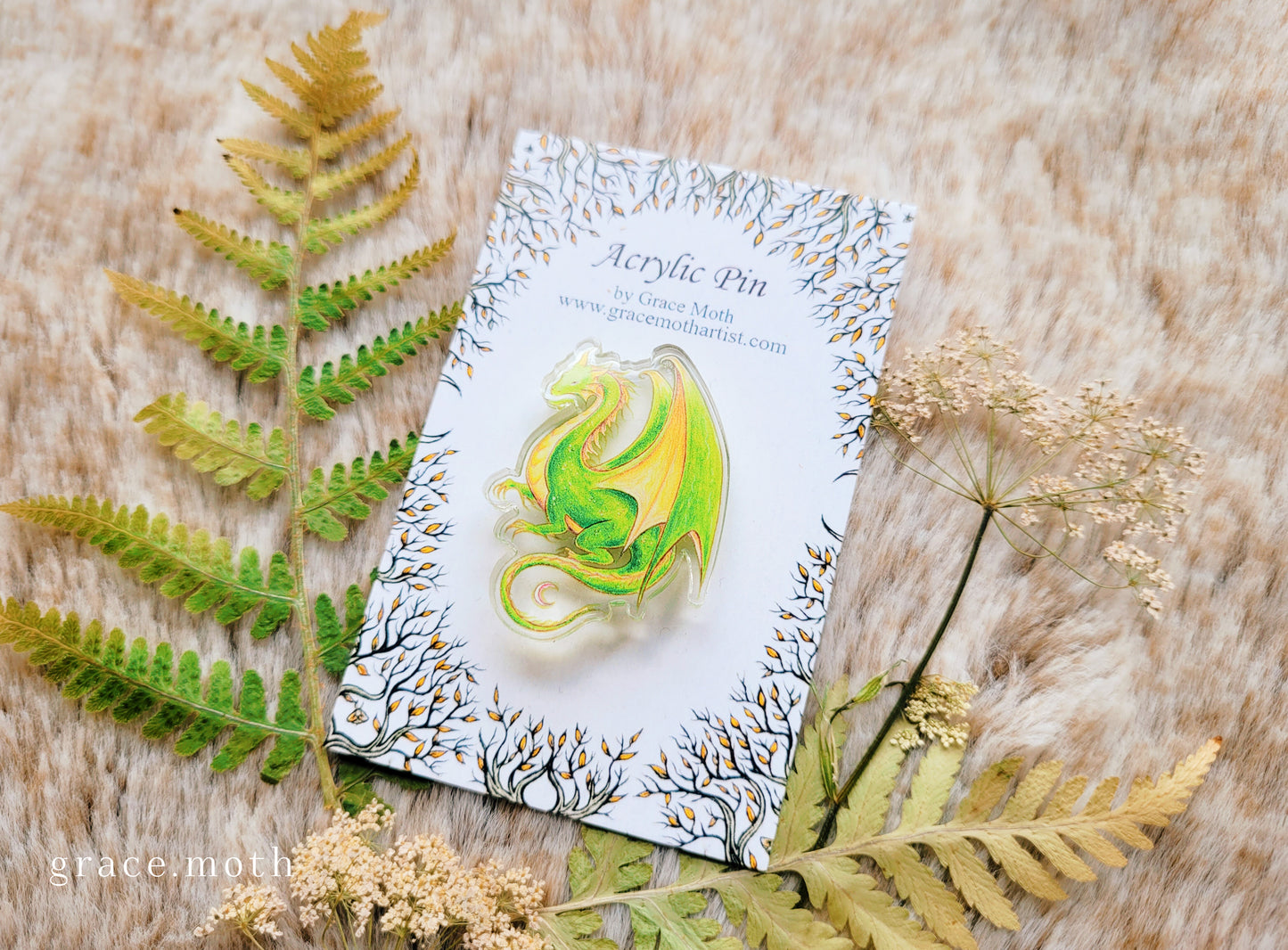 Nature Dragon illustrated pin, recycled clear acrylic, by Grace Moth - Mythical Creature