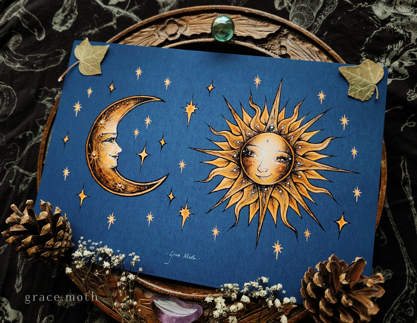 Sun and Moon Lovers - Navy and Gold - A5 art print by Grace Moth - Whimsigoth