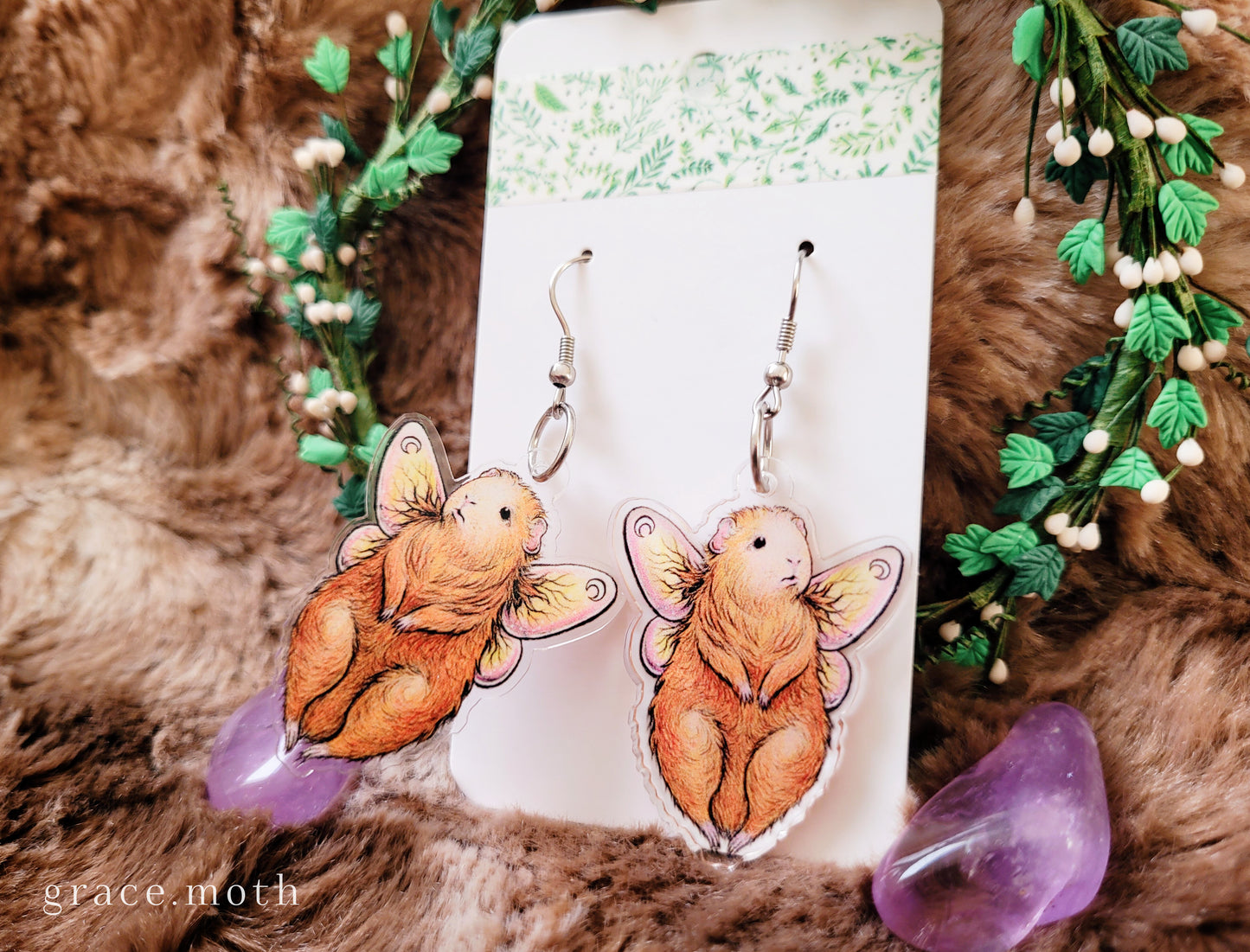 Guinea Pig Fairy illustrated earrings, recycled acrylic double sided, 304 Stainless Steel hooks, by Grace Moth