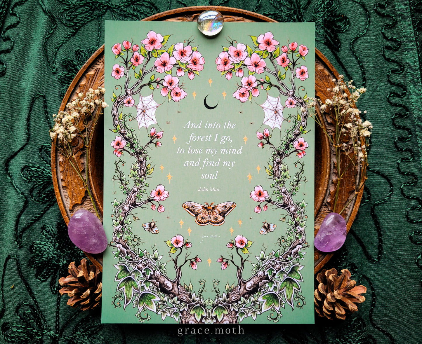 Into the woods - Blossom Moth print - A5, A4 or A3 Art print illustrated by Grace Moth