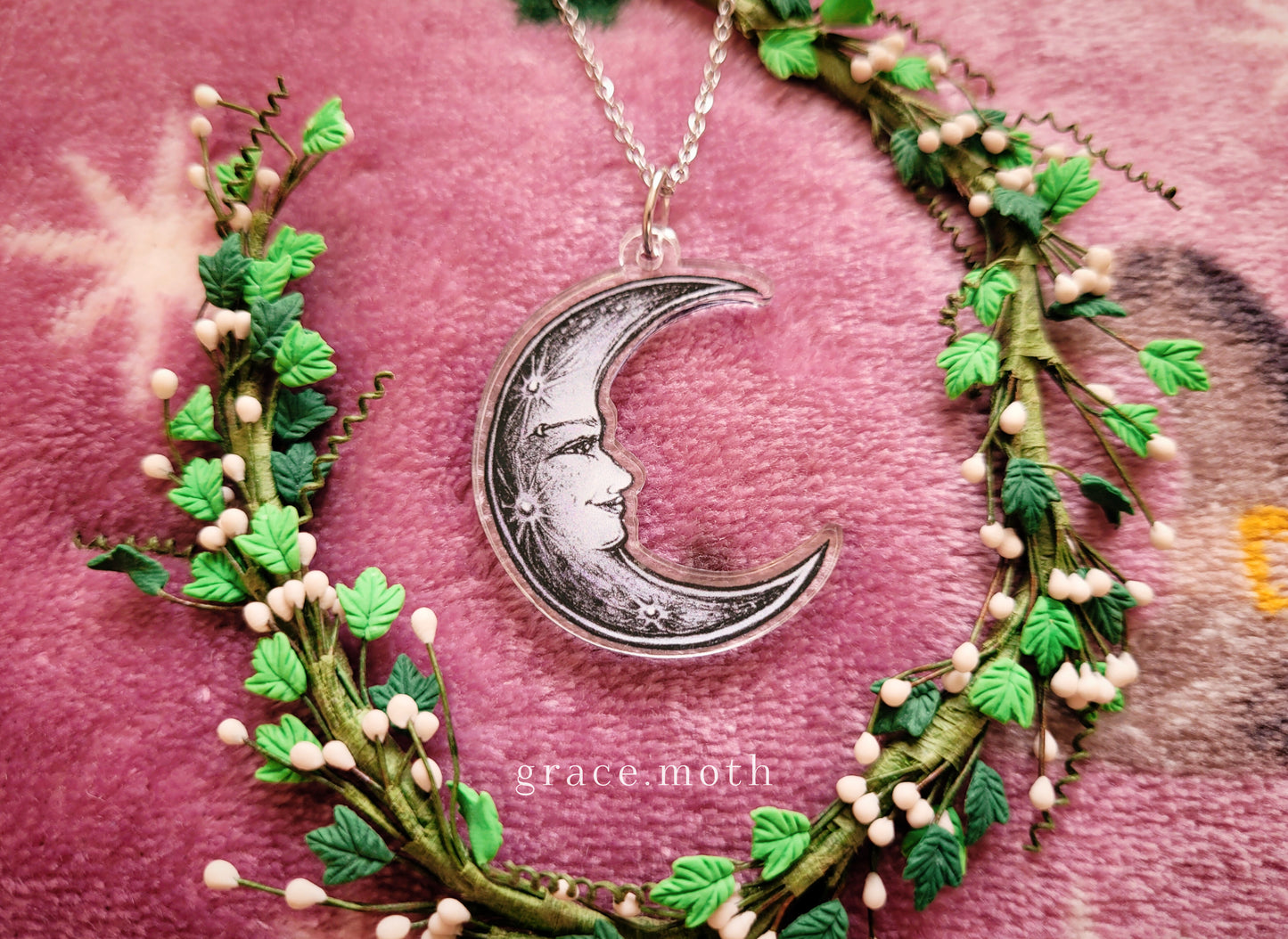 Crescent Moon Goddess illustrated necklace, recycled acrylic, chain options available, by Grace Moth