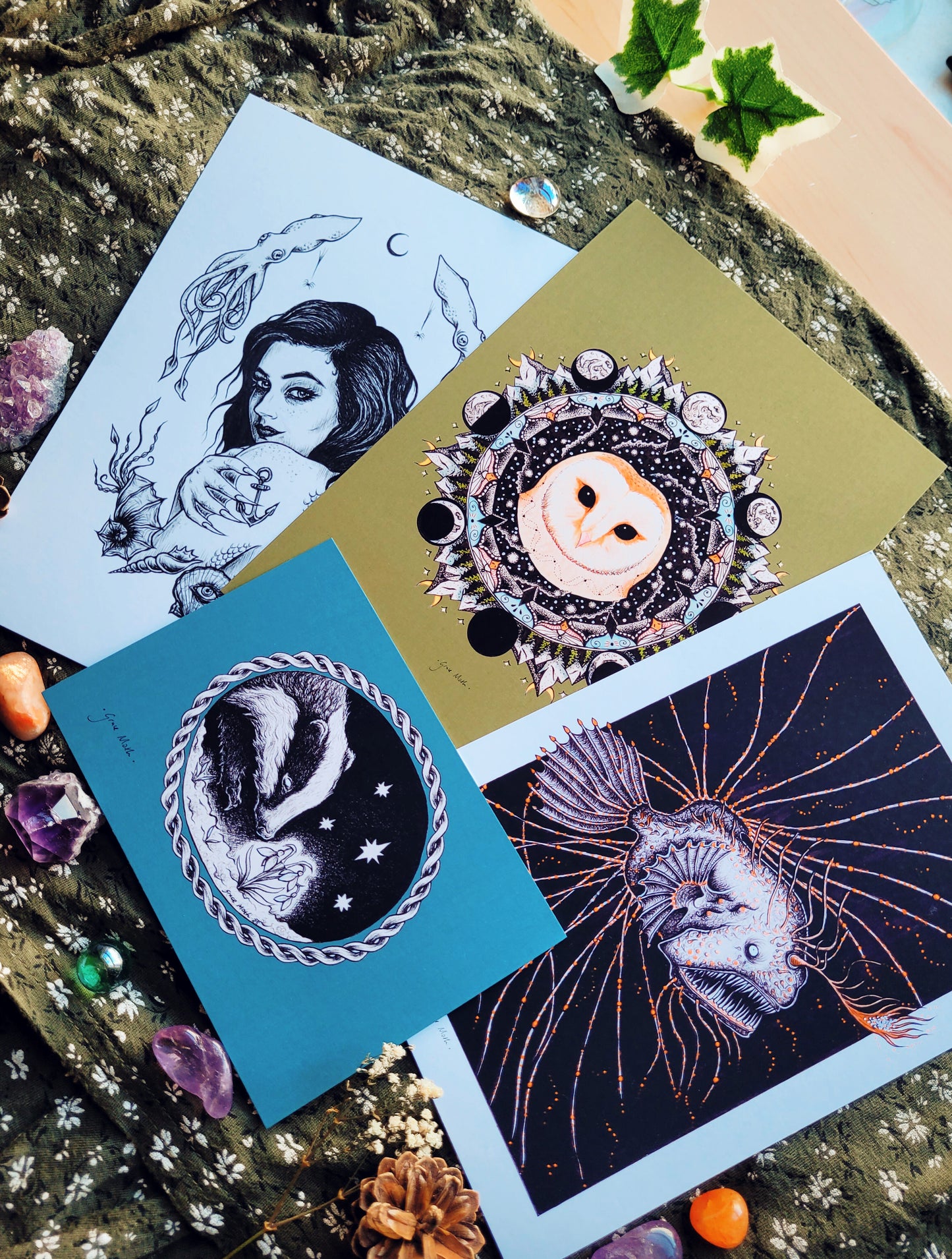 The Badger and the Snowdrop - Ink Sketch - A6 print by Grace Moth - 5.8 x 4.1