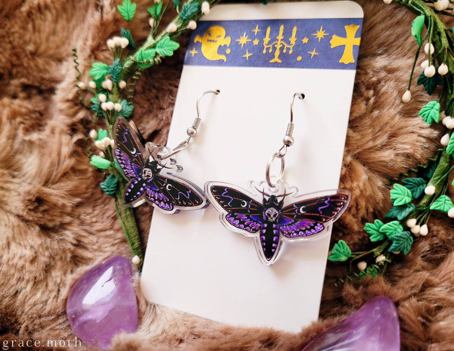 Purple Death Head Moth illustrated earrings, recycled acrylic double sided, 304 Stainless Steel hooks, by Grace Moth