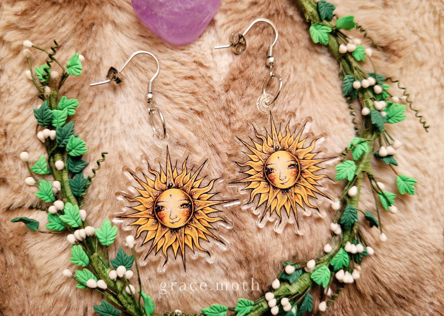 Sun Goddess illustrated earrings, recycled acrylic double sided, 304 Stainless Steel hooks, by Grace Moth