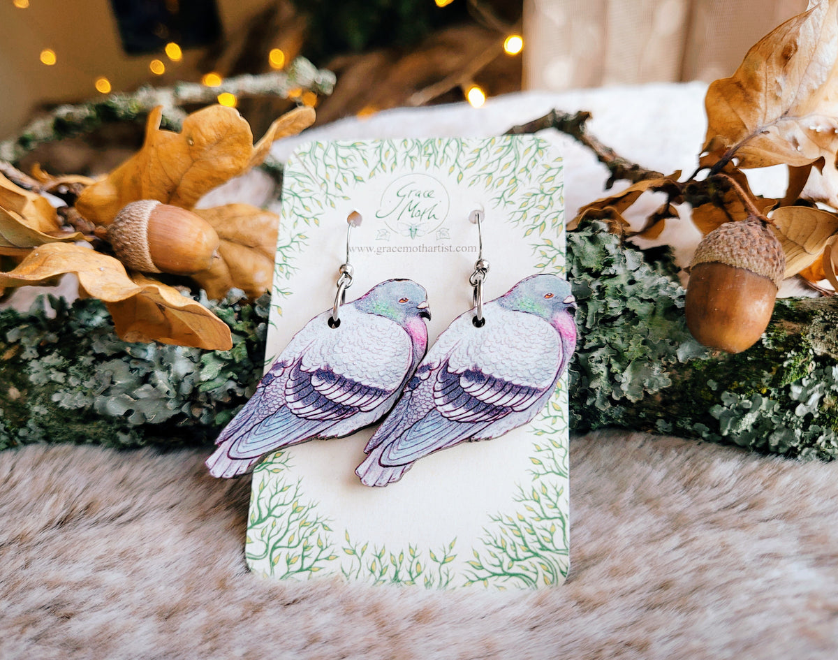 Pigeon illustrated earrings, responsibly sourced cherry wood, watercolour bird, 304 Stainless Steel hooks, by Grace Moth