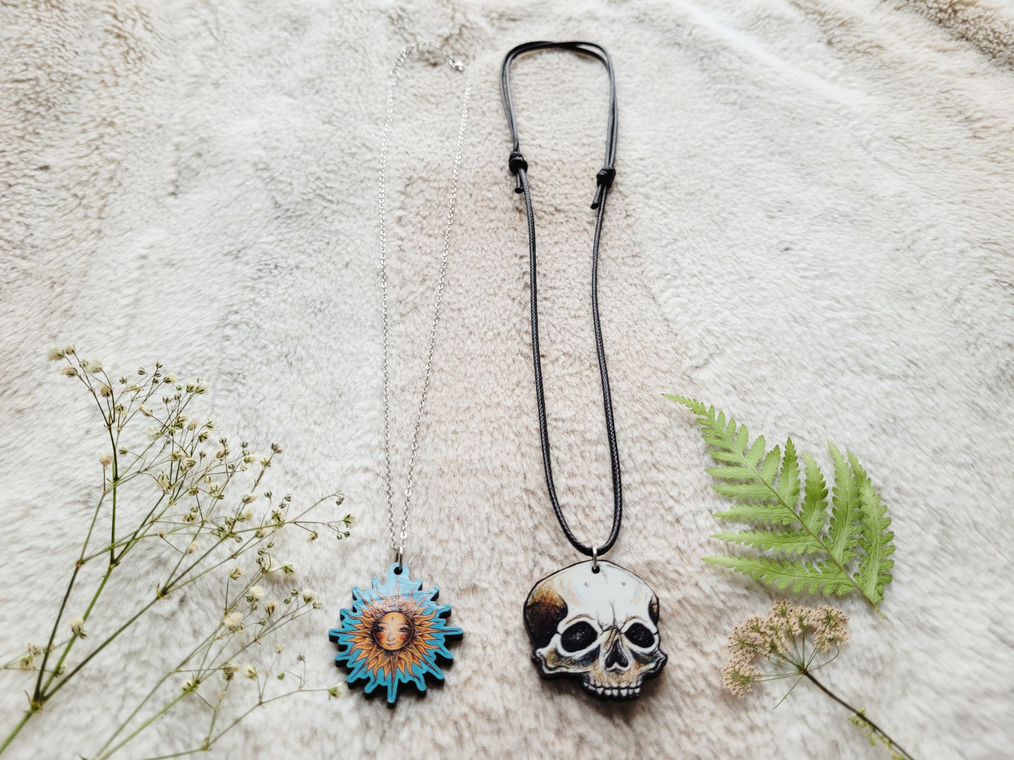 Skull illustrated necklace, responsibly sourced cherry wood, chain options available, by Grace Moth