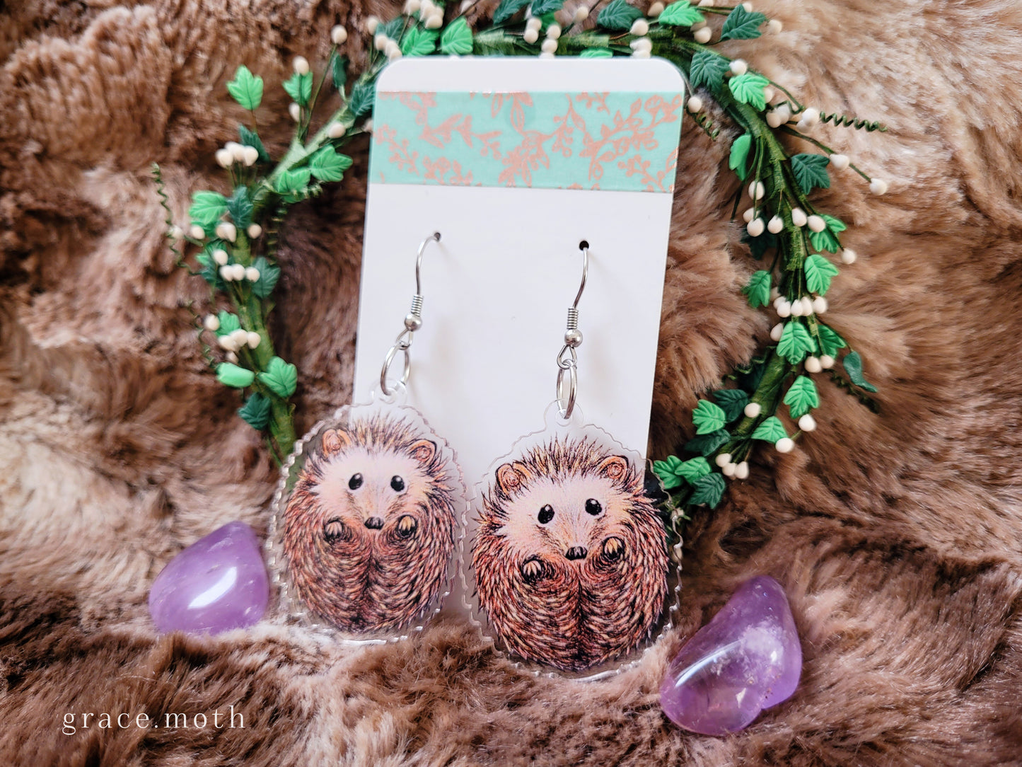 Cute Hedgehogs illustrated earrings, recycled acrylic double sided, 304 Stainless Steel hooks, by Grace Moth