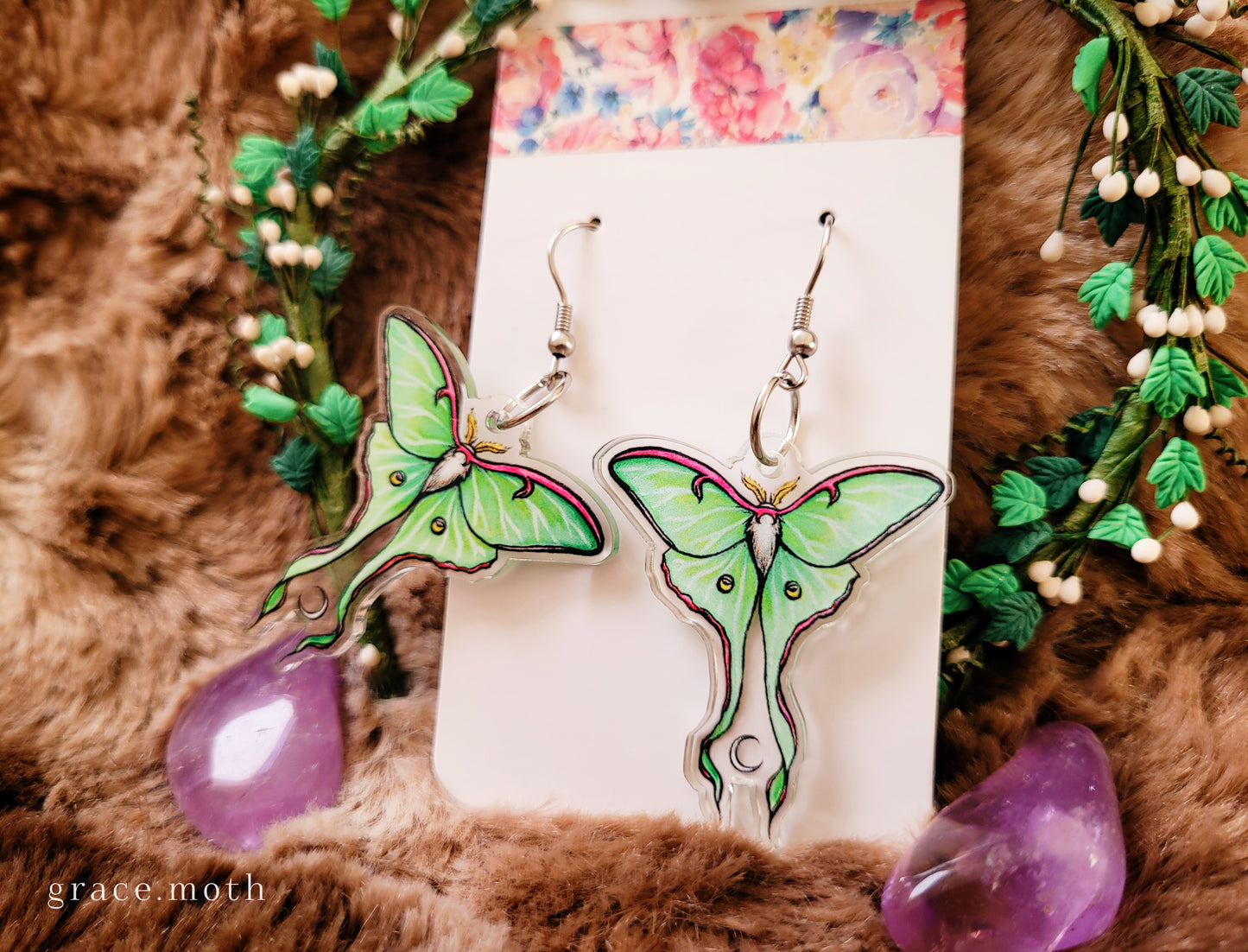 Luna Moth illustrated earrings, recycled acrylic double sided, 304 Stainless Steel hooks, by Grace Moth