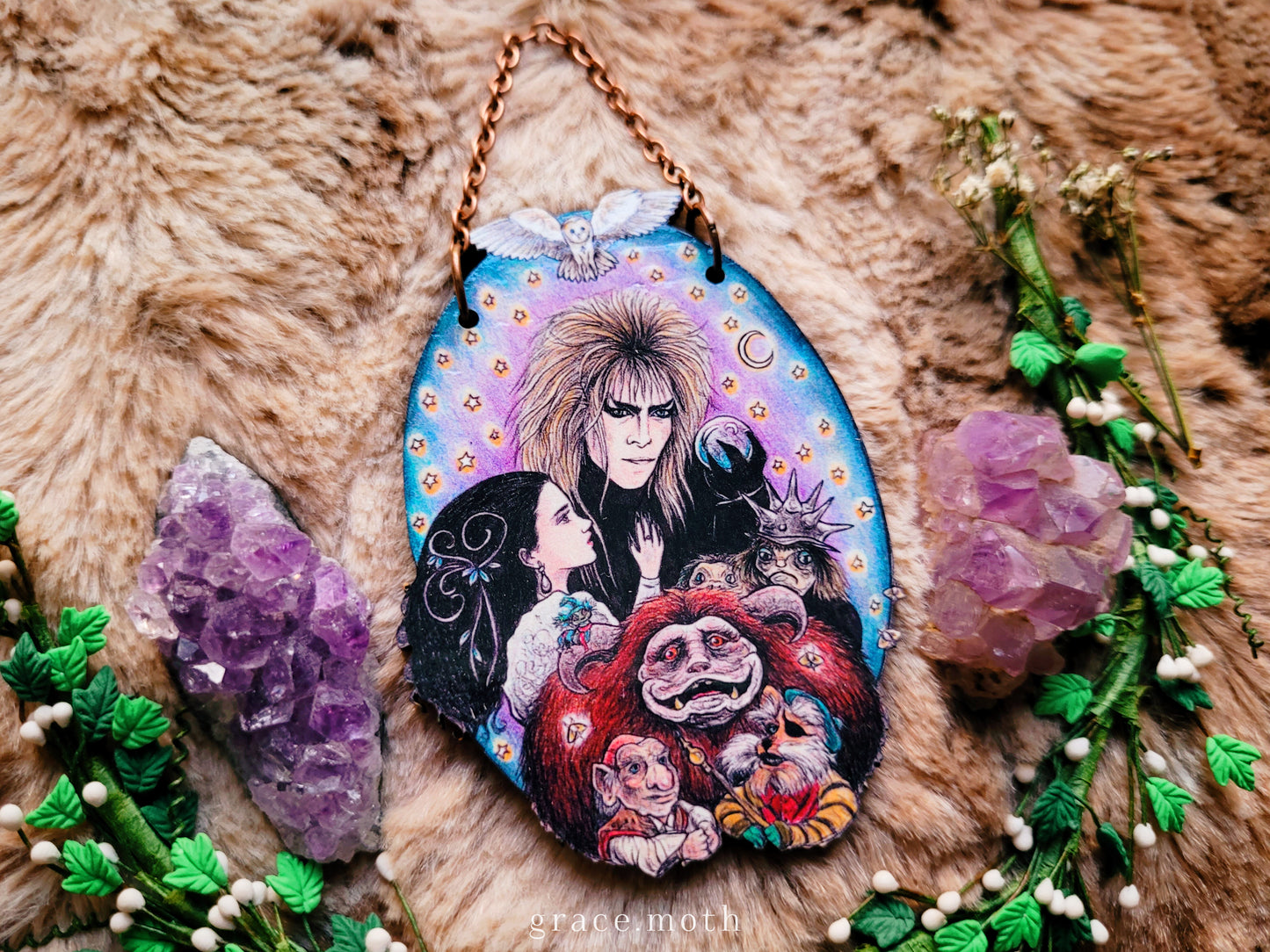 Labyrinth inspired illustrated ornament, wall hanging, 80s Movie, David Bowie, responsibly sourced cherry wood, by Grace Moth