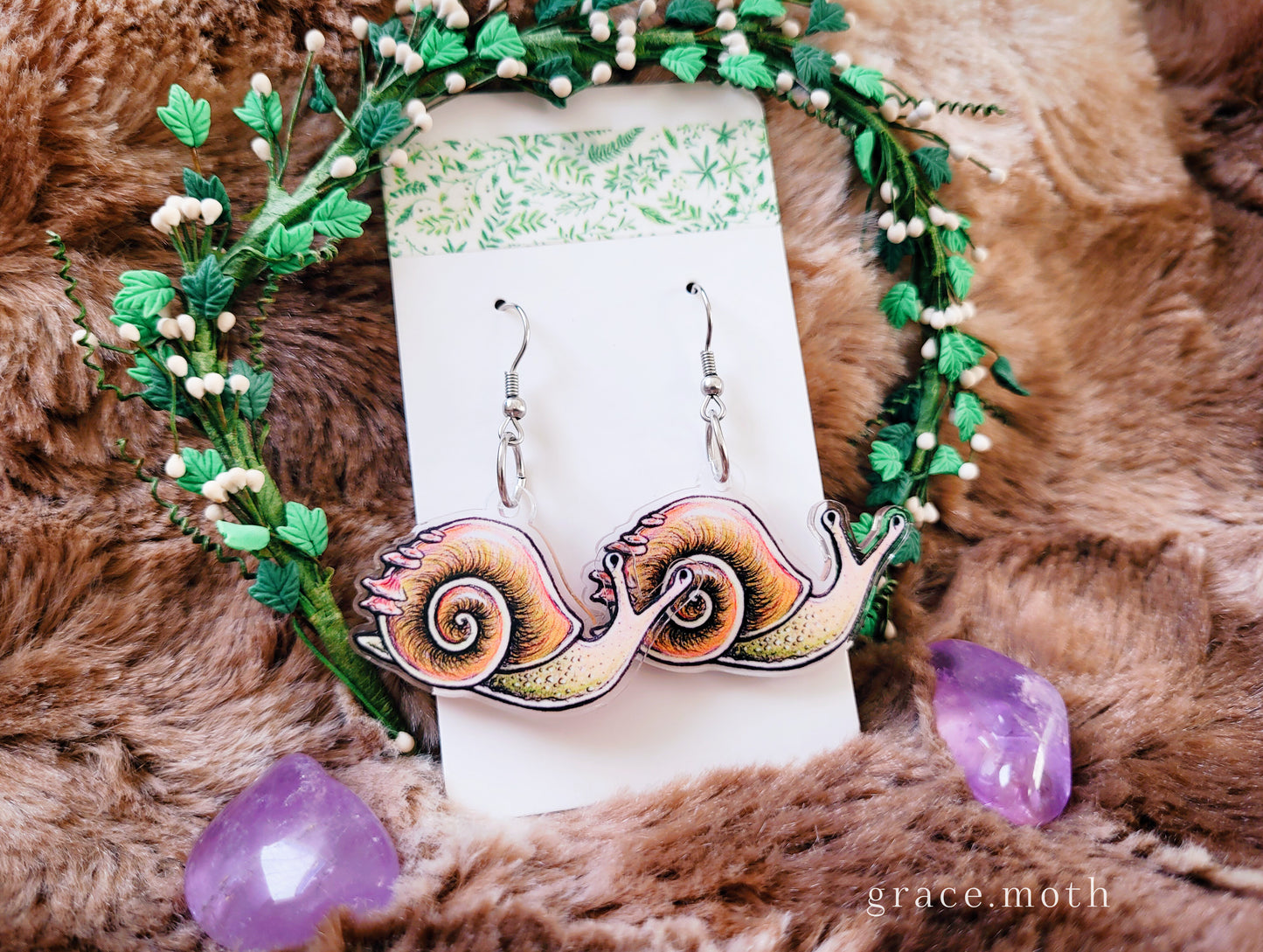 Cute Snail illustrated earrings, recycled acrylic double sided, 304 Stainless Steel hooks, by Grace Moth