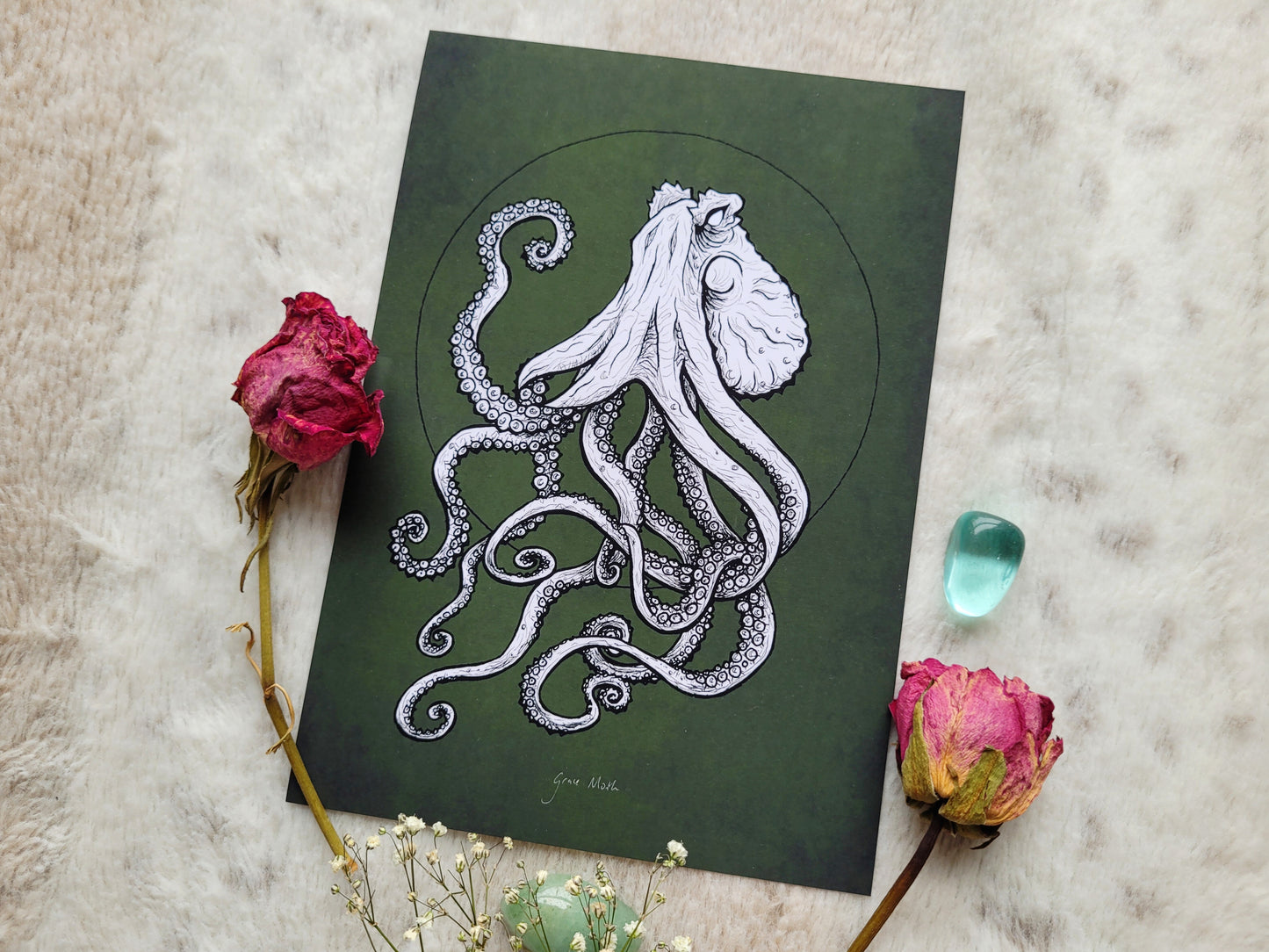 Green Octopus - A5 art print by Grace Moth - 5.8 x 8.3