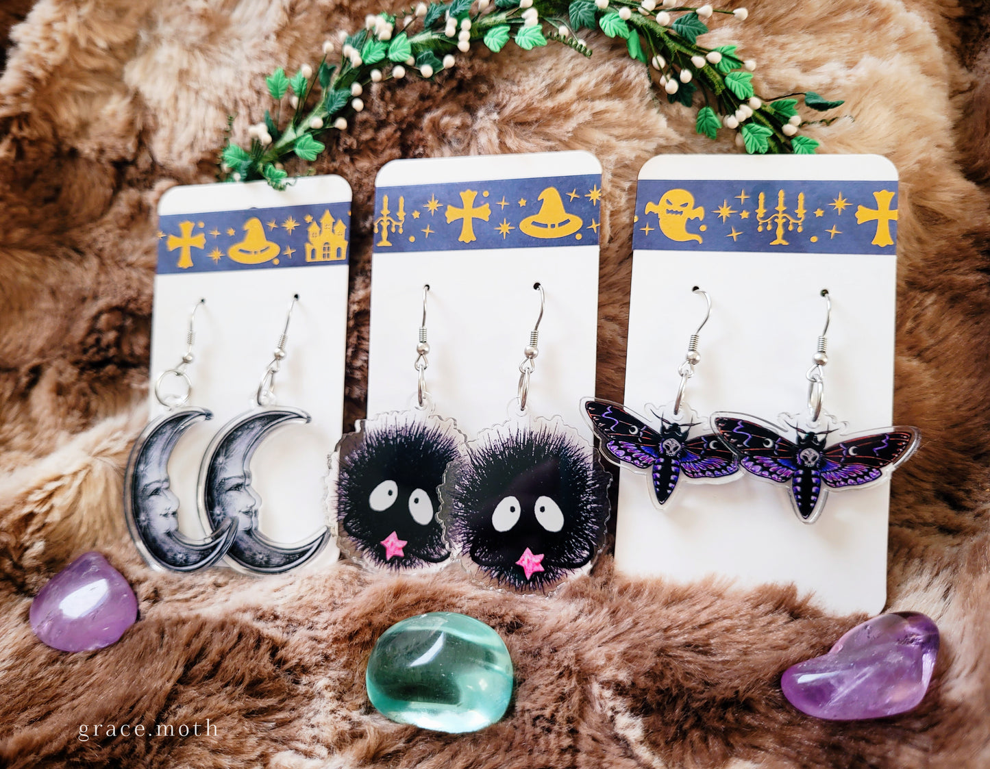 Soot Sprite illustrated earrings, recycled acrylic double sided, anime inspired, 304 Stainless Steel hooks, by Grace Moth