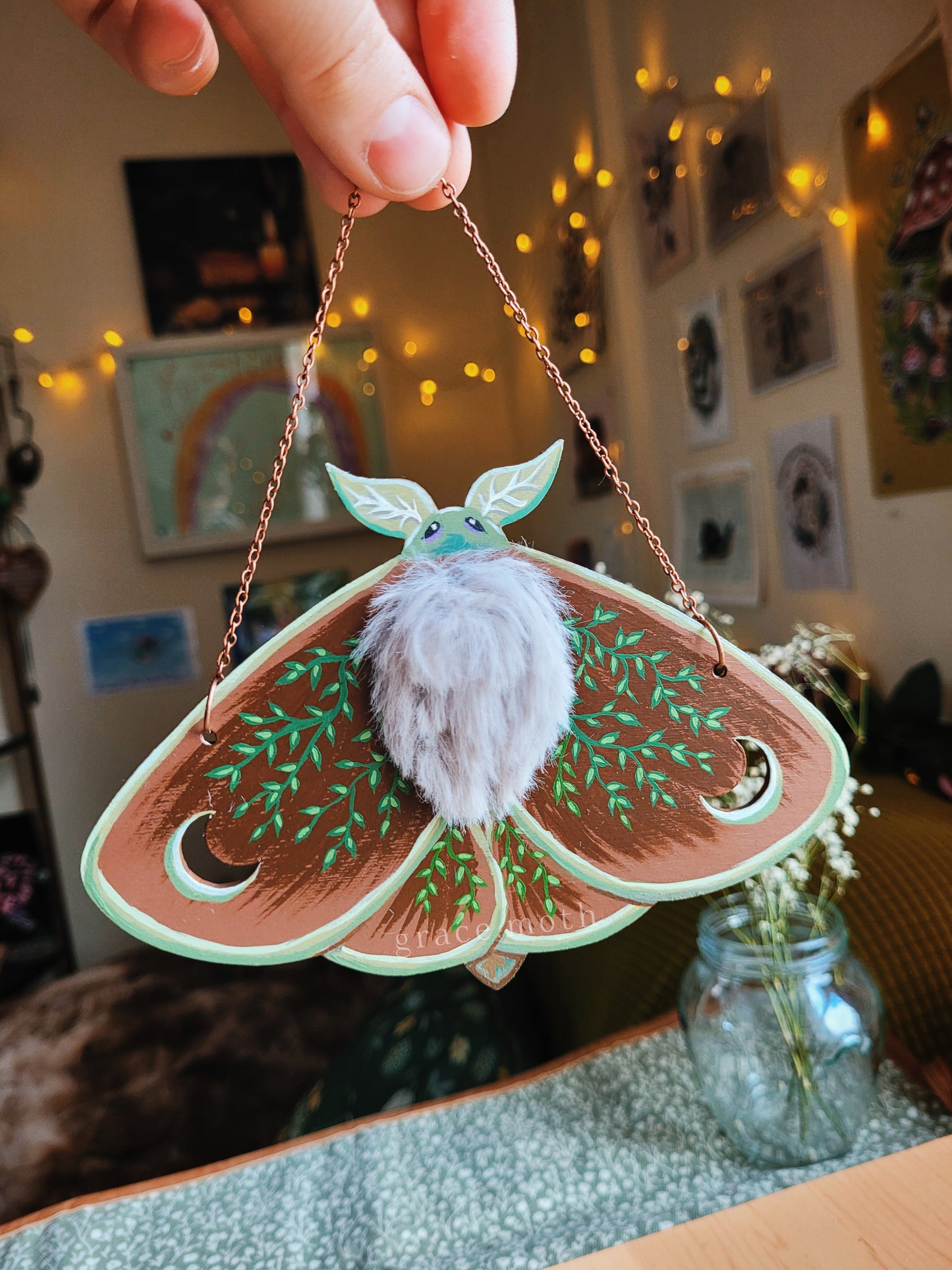 Woodland Moth - Sage green leaves and faux fur details - One of a kind handmade hand painted wall hanging/ornament, by Grace Moth