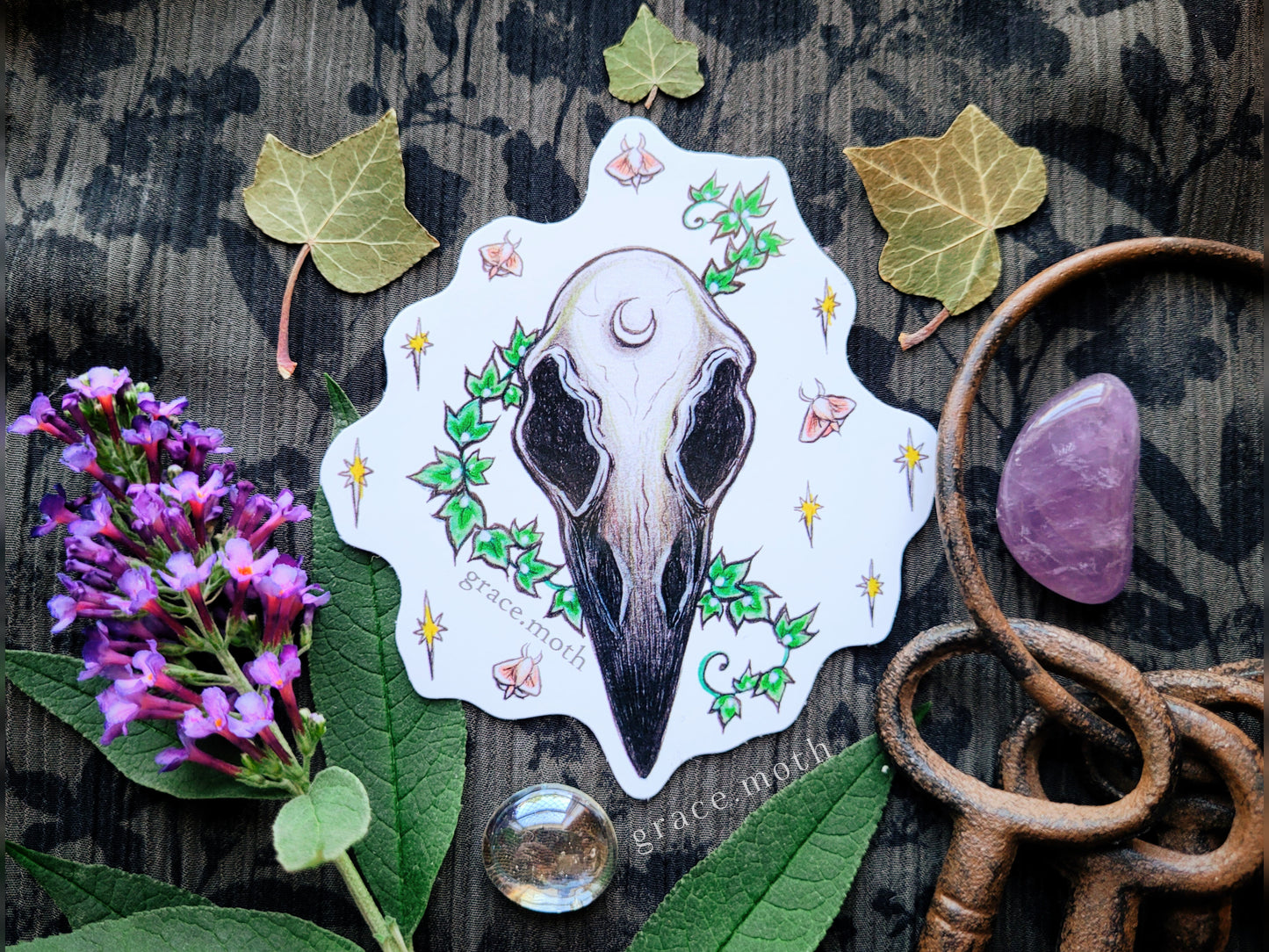 Raven Skull - Vinyl Sticker 10cm - Witchy - Illustrated by Grace moth