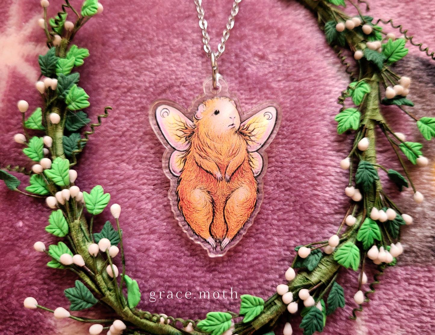 Guinea Pig Fairy illustrated necklace, recycled acrylic, chain options available, by Grace Moth