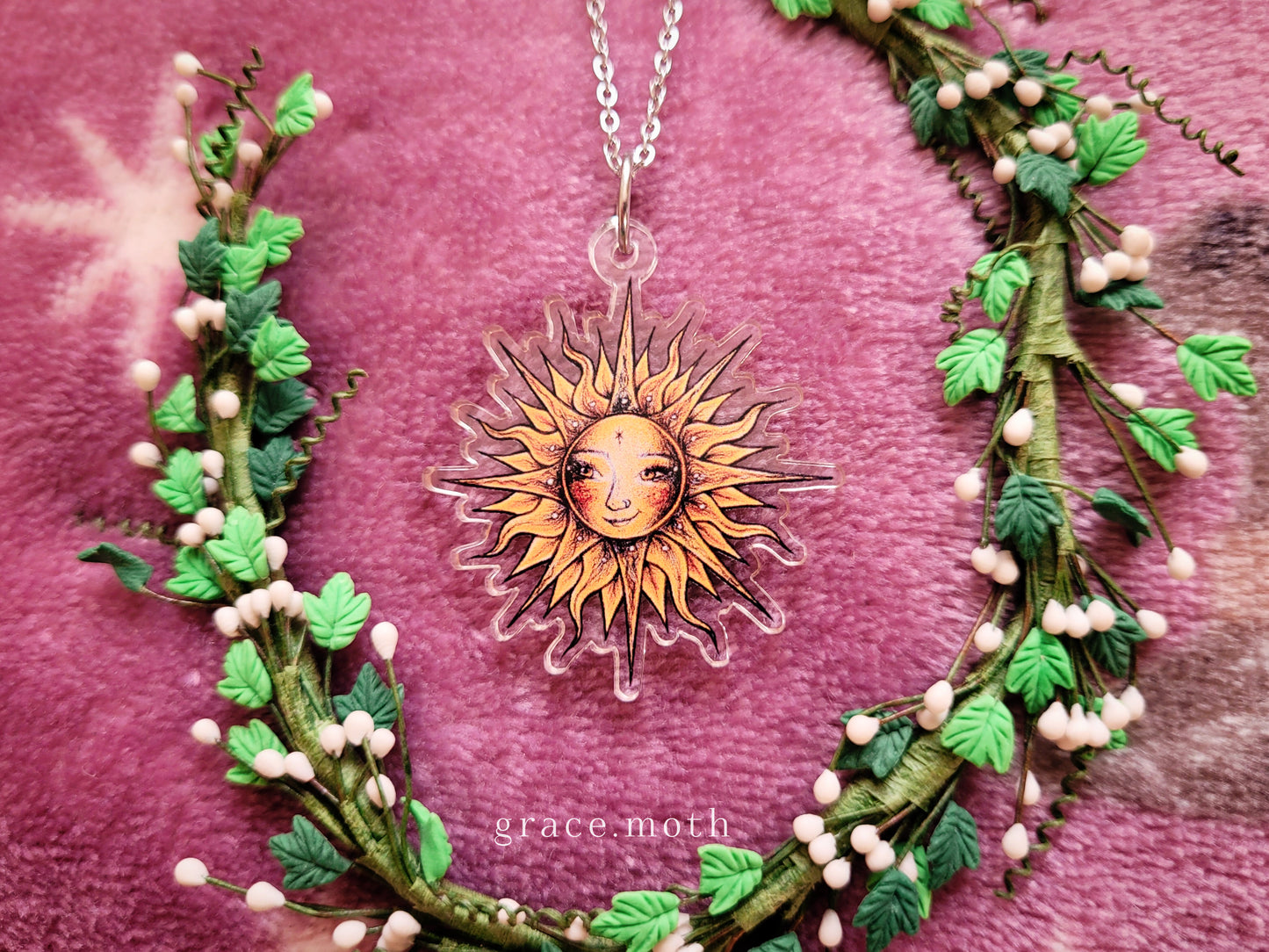 Sun Goddess illustrated necklace, recycled acrylic, chain options available, by Grace Moth