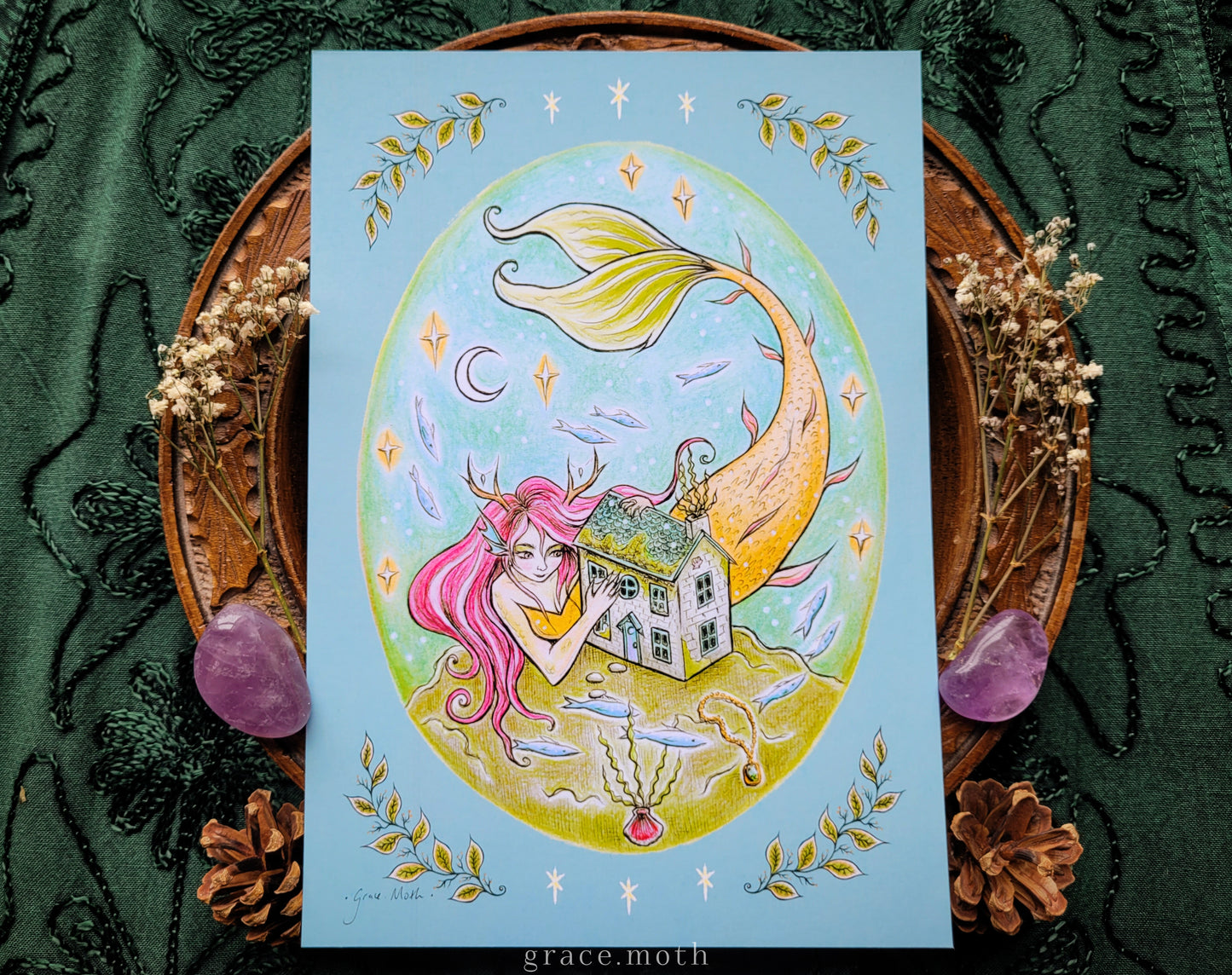 Curious Mermaid - Blue - A5 or A4 art print by Grace Moth - 5.8 x 8.3