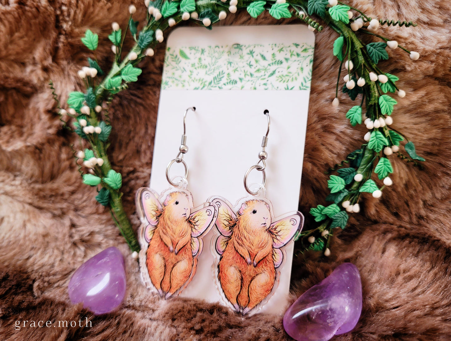 Guinea Pig Fairy illustrated earrings, recycled acrylic double sided, 304 Stainless Steel hooks, by Grace Moth