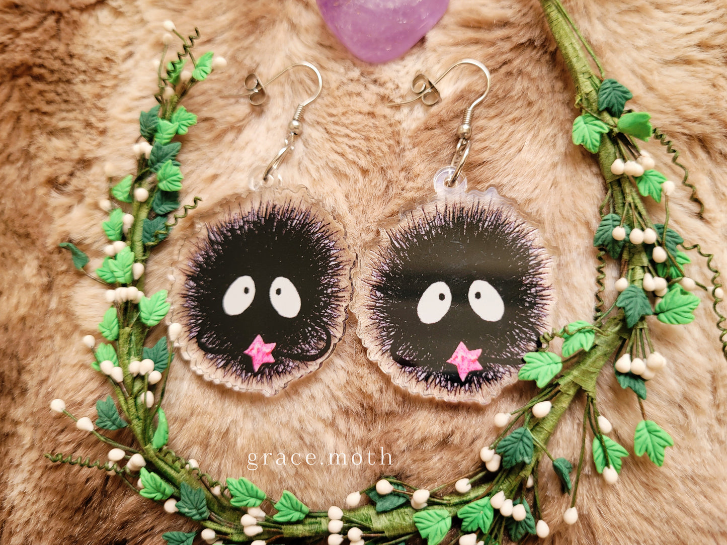 Soot Sprite illustrated earrings, recycled acrylic double sided, anime inspired, 304 Stainless Steel hooks, by Grace Moth