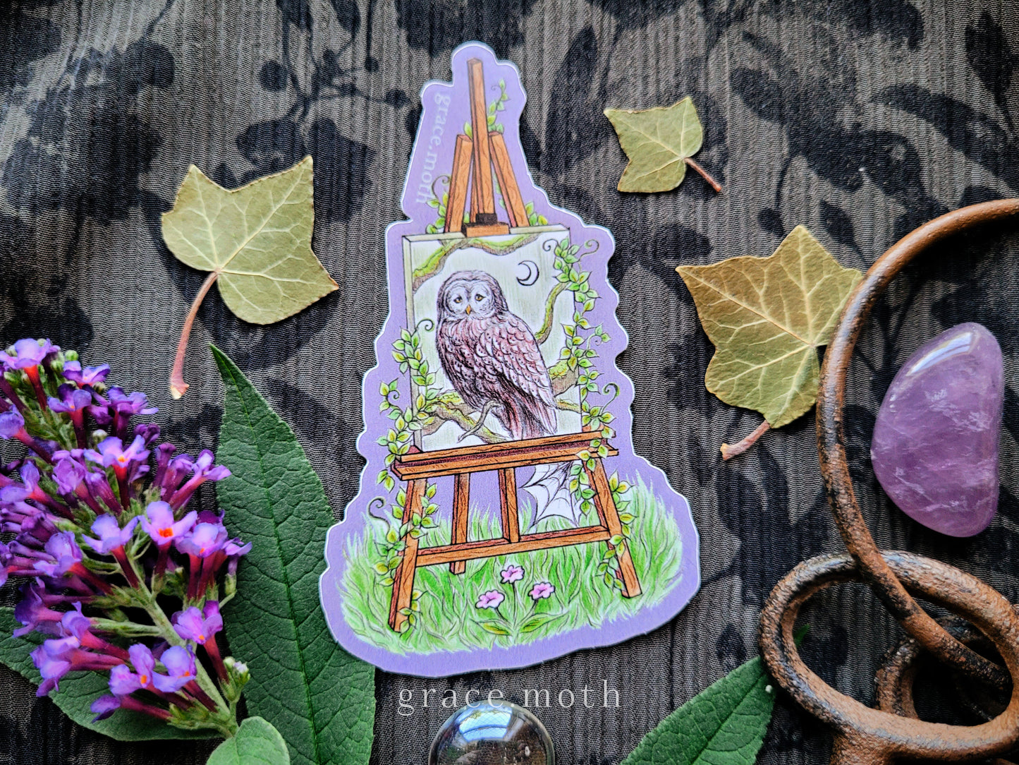 Art Easel Owl Painting - Vinyl Sticker 10cm - Cottagecore - Witchy - Illustrated by Grace moth