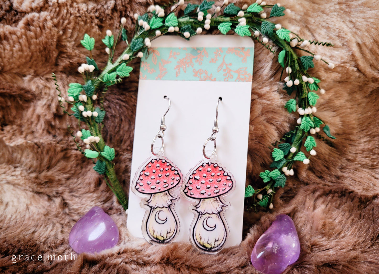 Red Toadstool illustrated earrings, recycled acrylic double sided, 304 Stainless Steel hooks, by Grace Moth