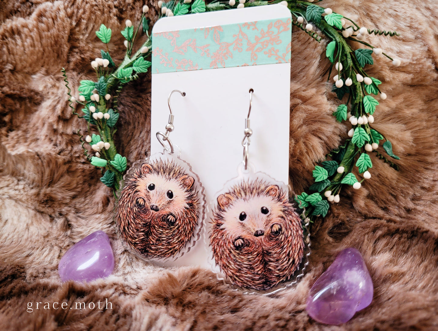 Cute Hedgehogs illustrated earrings, recycled acrylic double sided, 304 Stainless Steel hooks, by Grace Moth