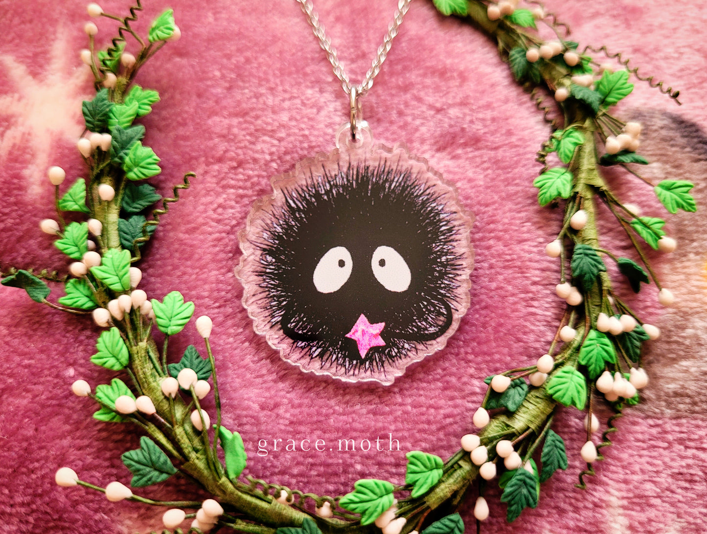 Soot Sprite illustrated necklace, recycled acrylic, anime inspired, chain options available, by Grace Moth