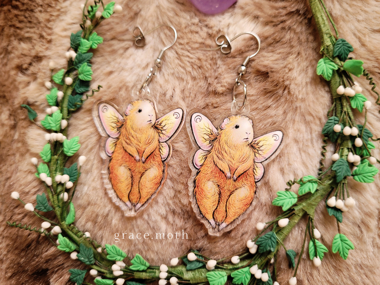 Guinea Pig Fairy illustrated earrings, recycled acrylic double sided, 304 Stainless Steel hooks, by Grace Moth