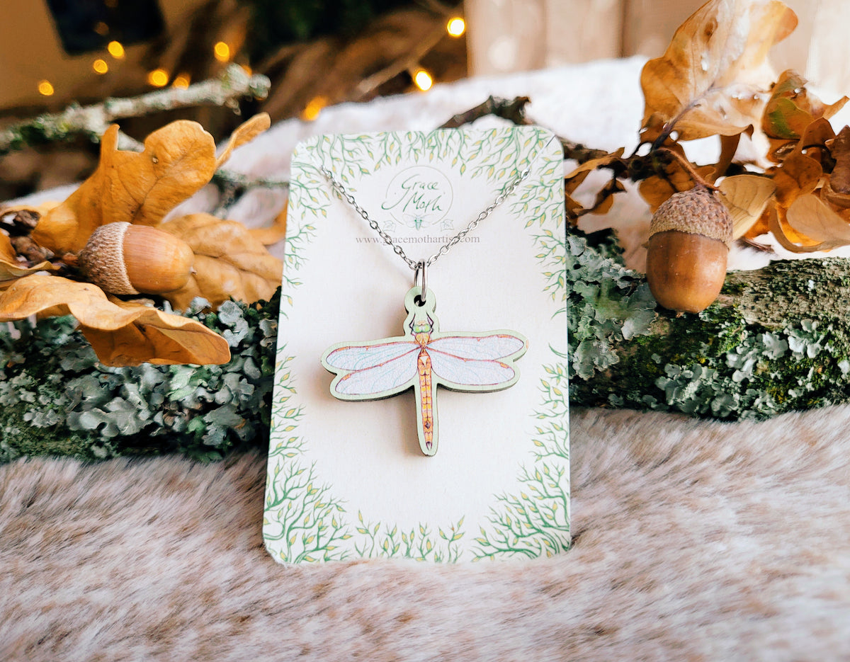Dragonfly necklace, responsibly sourced cherry wood, watercolour bug, by Grace Moth