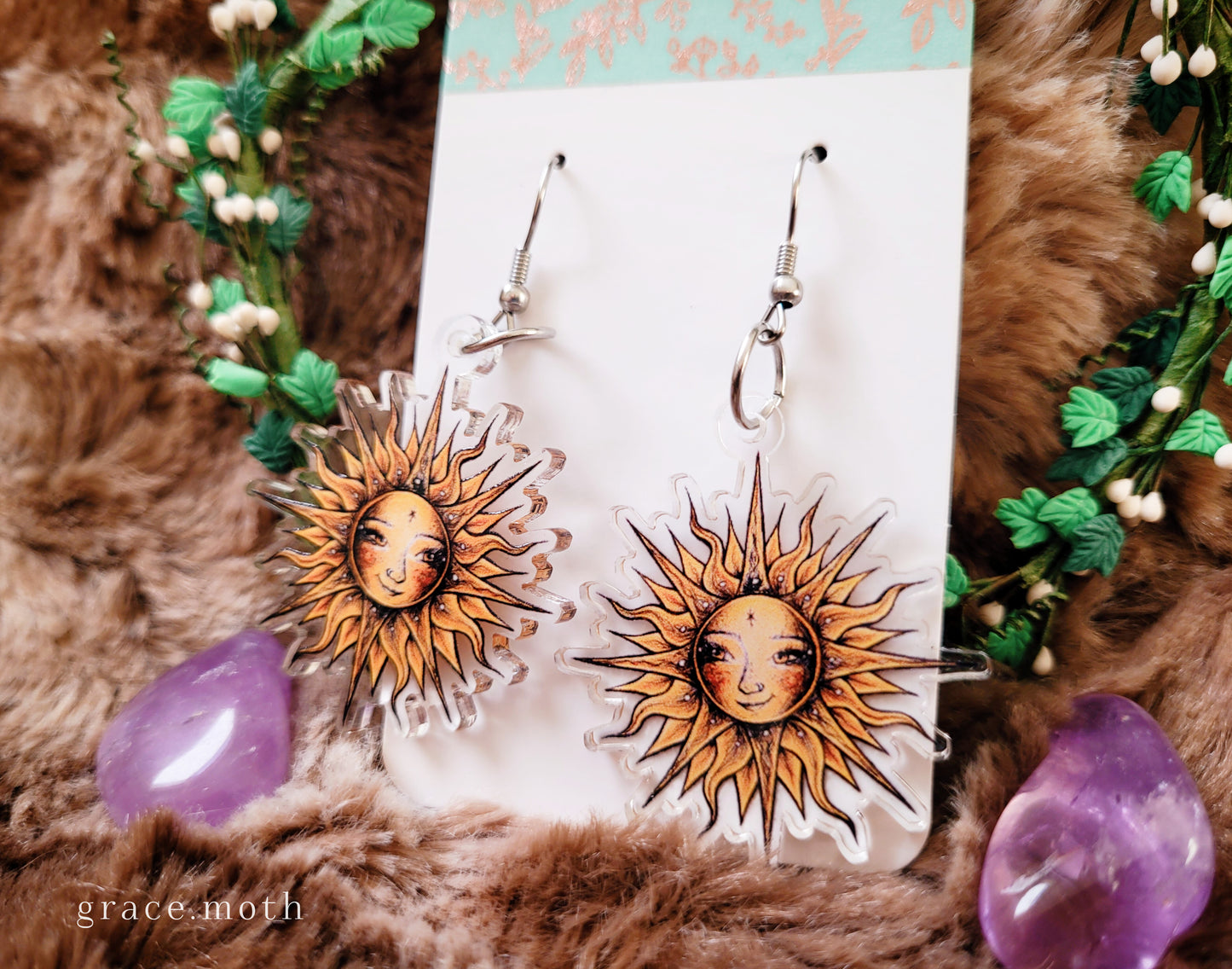 Sun Goddess illustrated earrings, recycled acrylic double sided, 304 Stainless Steel hooks, by Grace Moth